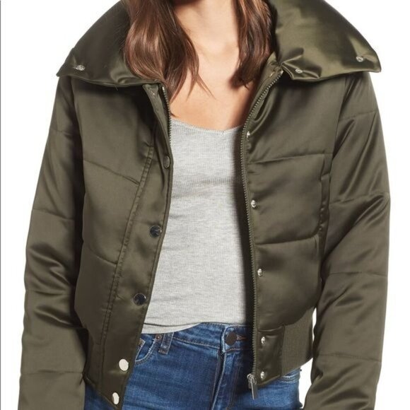 Maralyn & Me Cropped Puffer Bomber Jacket‎ Shiny Olive Sz S Silky Soft Cozy - Picture 1 of 11